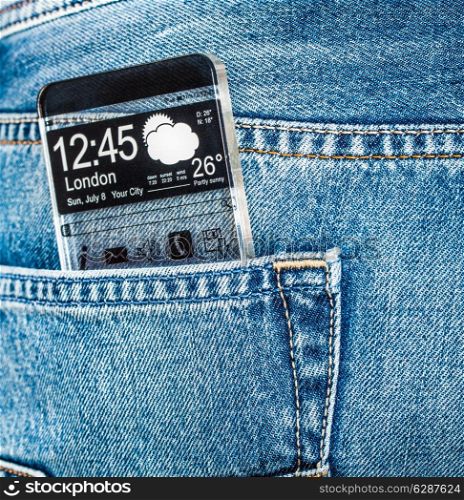 Futuristic Smart phone (phablet) with a transparent display in a pocket of jeans. Concept actual future innovative ideas and best technologies humanity.