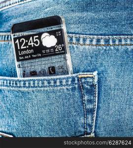 Futuristic Smart phone (phablet) with a transparent display in a pocket of jeans. Concept actual future innovative ideas and best technologies humanity.