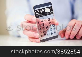 Futuristic Smart phone (phablet) with a transparent display in human hands. Concept actual future innovative ideas and best technologies humanity.