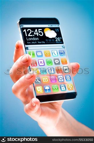 Futuristic Smart phone (phablet) with a transparent display in human hands. Concept actual future innovative ideas and best technologies humanity.