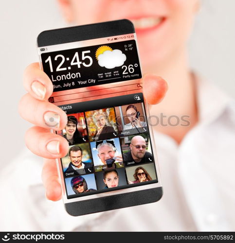 Futuristic Smart phone (phablet) with a transparent display in human hands. Concept actual future innovative ideas and best technologies humanity.