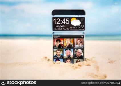 Futuristic Smart phone (phablet) with a transparent display in the sand on the beach. Concept actual future innovative ideas and best technologies humanity.
