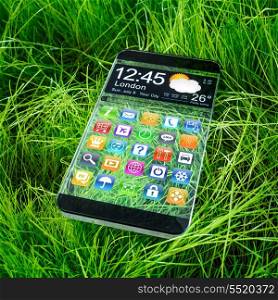 Futuristic Smart phone (phablet) with a transparent display on blue sky background. Concept actual future innovative ideas and best technologies humanity.