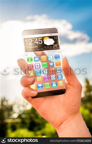Futuristic Smart phone with a transparent display in human hands. Concept actual future innovative ideas and best technologies humanity.