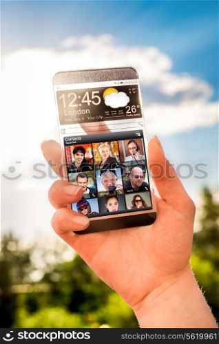 Futuristic Smart phone with a transparent display in human hands. Concept actual future innovative ideas and best technologies humanity.