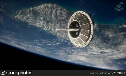 futuristic Space satellite orbiting the earth. Elements of this image furnished by NASA. futuristic Space satellite orbiting the earth
