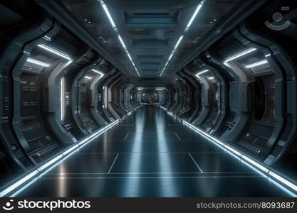 Futuristic spaceship interior corridor created by generative AI 