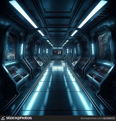 Futuristic spaceship interior corridor created by generative AI 