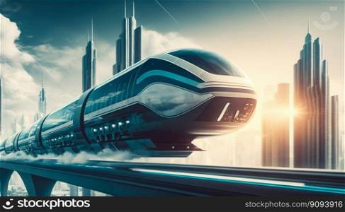 Futuristic speed maglev magnetic cushion train with city background. Generative AI. High quality illustration. Futuristic speed maglev magnetic cushion train with city background. Generative AI