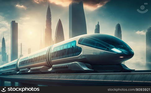 Futuristic speed maglev magnetic cushion train with city background. Generative AI. High quality illustration. Futuristic speed maglev magnetic cushion train with city background. Generative AI