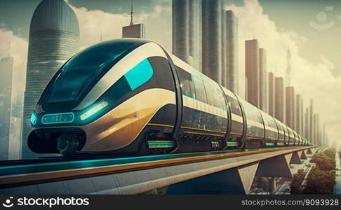 Futuristic speed maglev magnetic cushion train with city background. Generative AI. High quality illustration. Futuristic speed maglev magnetic cushion train with city background. Generative AI