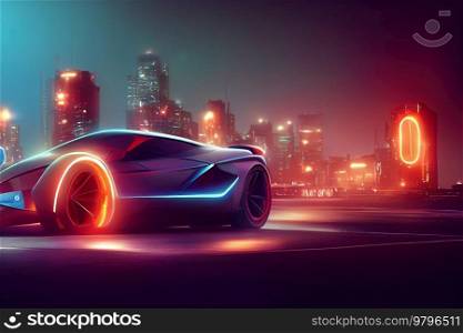 Futuristic sport car, non existent design, defocused city in background, 3d illustration. Futuristic car, non existent design