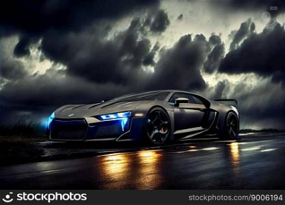 Futuristic sports car on drak dramatic cloudy environment.  car riding on high speed in the night.  Generative AI 