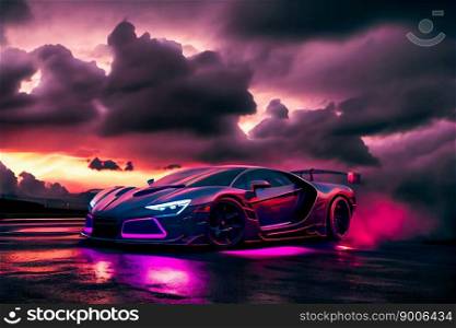 Futuristic sports car on drak dramatic cloudy environment.  car riding on high speed in the night.  Generative AI
