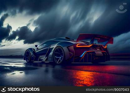 Futuristic sports car on drak dramatic cloudy environment.  car riding on high speed in the night.  Generative AI
