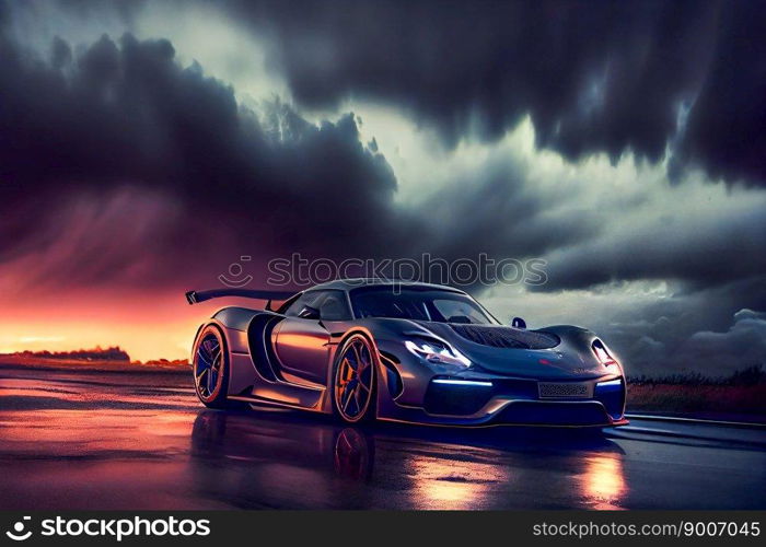 Futuristic sports car on drak dramatic cloudy environment.  car riding on high speed in the night.  Generative AI
