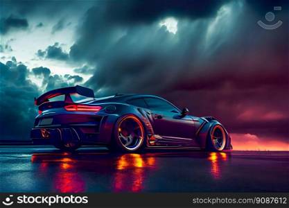 Futuristic sports car on drak dramatic cloudy environment.  car riding on high speed in the night.  Generative AI 