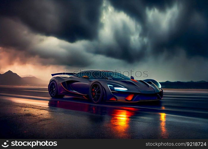 Futuristic sports car on drak dramatic cloudy environment.  car riding on high speed in the night.  Generative AI
