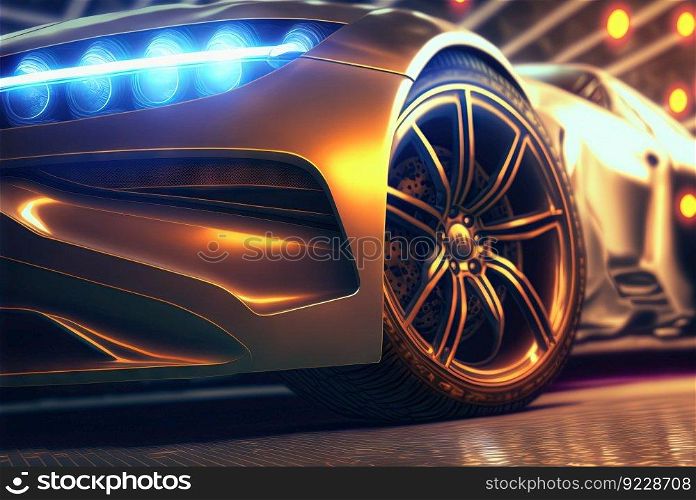 Futuristic sportscar detail closeup. Shiny rim of a supercar. Racing concept with abstract car. Generated AI. Futuristic sportscar detail closeup. Shiny rim of a supercar. Racing concept with abstract car. Generated AI.