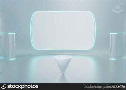 Futuristic stage Studio neon light and blank glowing screen background 3D rendering