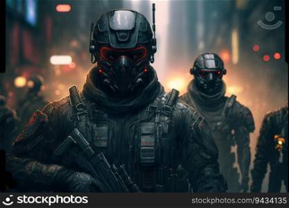 Futuristic swat soldier squad with mask in a cyberpunk city created by generative AI