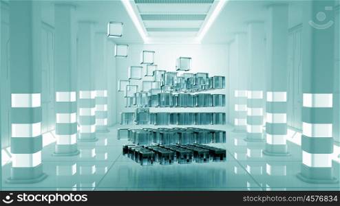 Futuristic technologies concept. 3D cube in futuristic room as innovative virtual interior design. Mixed media