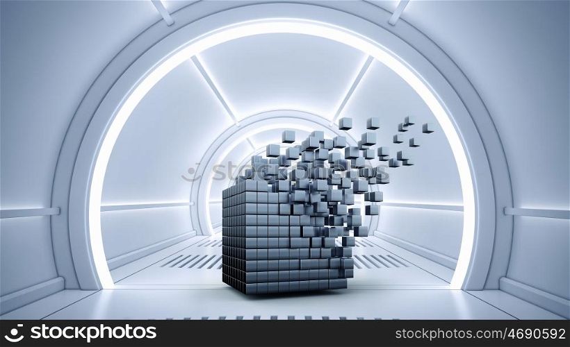 Futuristic technologies concept. 3D cube in futuristic room as innovative virtual interior design. Mixed media