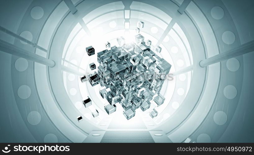 Futuristic technologies concept. 3D cube in futuristic room as innovative virtual interior design. Mixed media