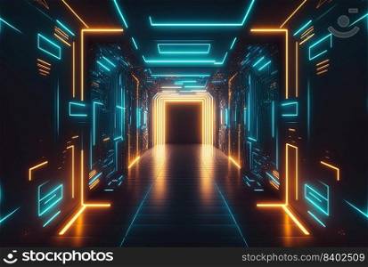 Futuristic Technology Backdrop of Cyberpunk Themed Neon Glowing Corridor