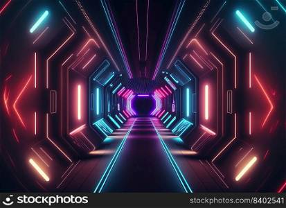 Futuristic Technology Backdrop of Cyberpunk Themed Neon Glowing Corridor