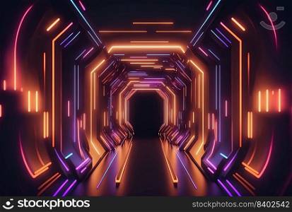 Futuristic Technology Backdrop of Cyberpunk Themed Neon Glowing Tunnel