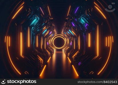 Futuristic Technology Background of Neon Glowing Corridor