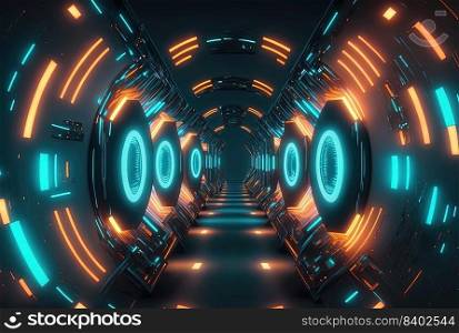 Futuristic Technology Background of Neon Glowing Tunnel