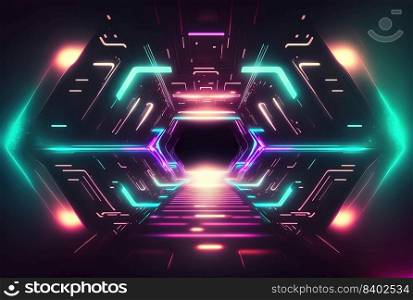 Futuristic Technology Background of Space Station Neon Light Tunnel Theme