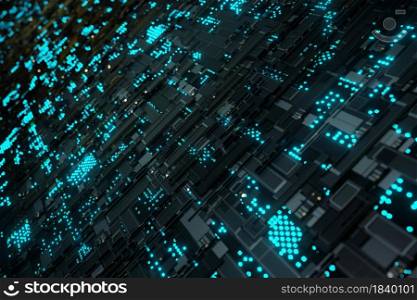 Futuristic Technology glowing blue light binary Circuit board 3D rendering