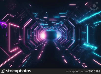 Futuristic Tunnel Technology Background with Neon Light