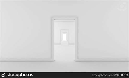 Futuristic white empty room with doors and corridor, 3d render i. Futuristic white empty room with doors and corridor, 3d render interior design, mock up illustration. Futuristic white empty room with doors and corridor, 3d render interior design, mock up illustration