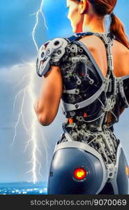 Futuristic woman wearing a cyborg suit with biomechanical components against a background of lightning, made with generative AI