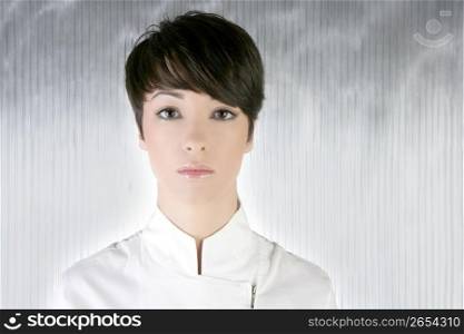 futuristic woman white silver portrait short hair brunette