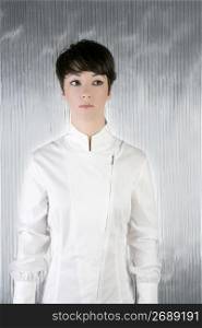 futuristic woman white silver portrait short hair brunette