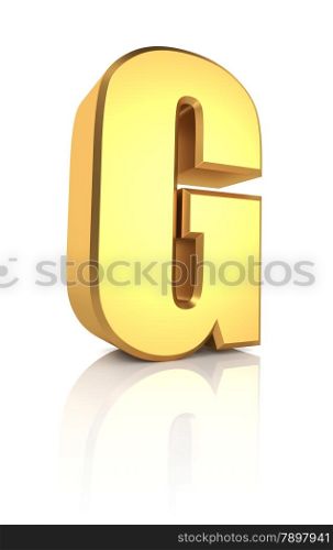 G letter. Gold metal letter on reflective floor. White background. 3d render