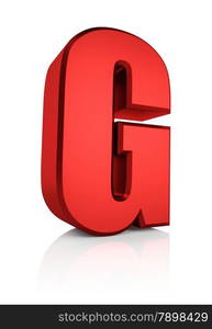 G letter. Red letter on reflective floor. White background. 3d render