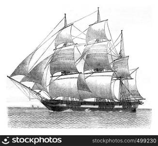 Gabare dropped, the moorings to starboard, side view, vintage engraved illustration. Magasin Pittoresque 1841.