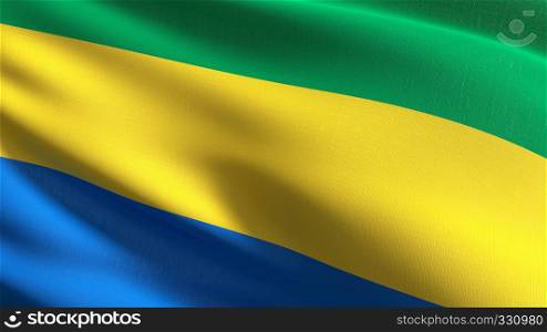 Gabon national flag blowing in the wind isolated. Official patriotic abstract design. 3D rendering illustration of waving sign symbol.