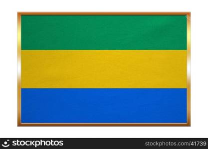 Gabonese national official flag. African patriotic symbol, banner, element, background. Correct colors. Flag of Gabon , golden frame, fabric texture, illustration. Accurate size, color