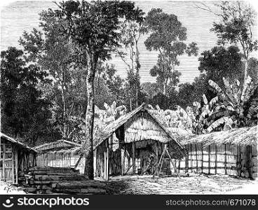 Gabonese town in the woods, vintage engraved illustration. Le Tour du Monde, Travel Journal, (1865).