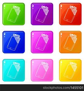 Gadget in glued reparation icons set 9 color collection isolated on white for any design. Gadget in glued reparation icons set 9 color collection