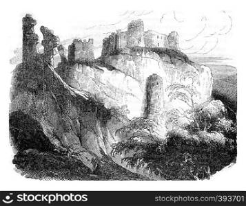 Gaillard Castle ruins, built by Richard the Lionheart, Normandy, vintage engraved illustration. Colorful History of England, 1837.