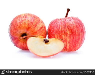 gala apples with drops of water on white background