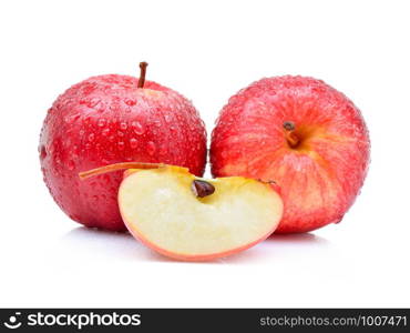 gala apples with drops of water on white background